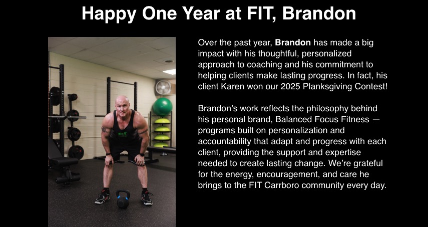 Happy One Year at FIT! Brandon bending over a kettlebell - Balanced Focus Fitness LLC